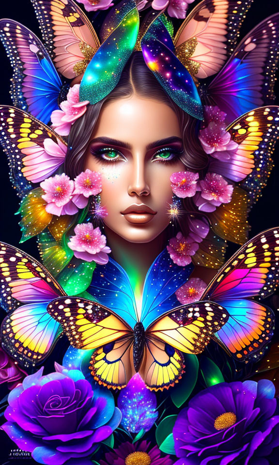 Colorful digital artwork: Woman with butterfly wings, surrounded by butterflies, flowers, and cosmic aura
