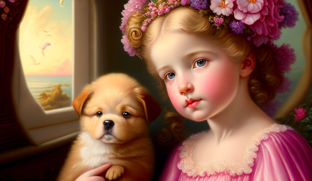 Young girl in pink dress with floral headpiece beside fluffy puppy by sunset sea view