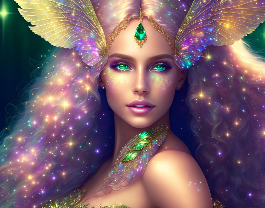 Fantastical female figure with butterfly wings and sparkling makeup