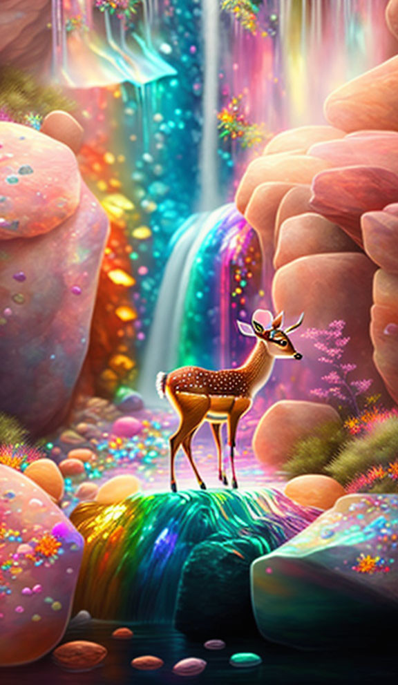 Vibrant flora and waterfalls in fantastical landscape with whimsical deer