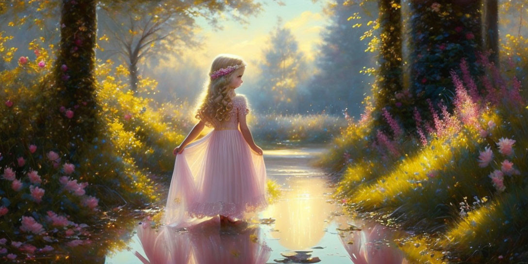 Young girl in pink dress by sunlit forest pathway and reflective water surface