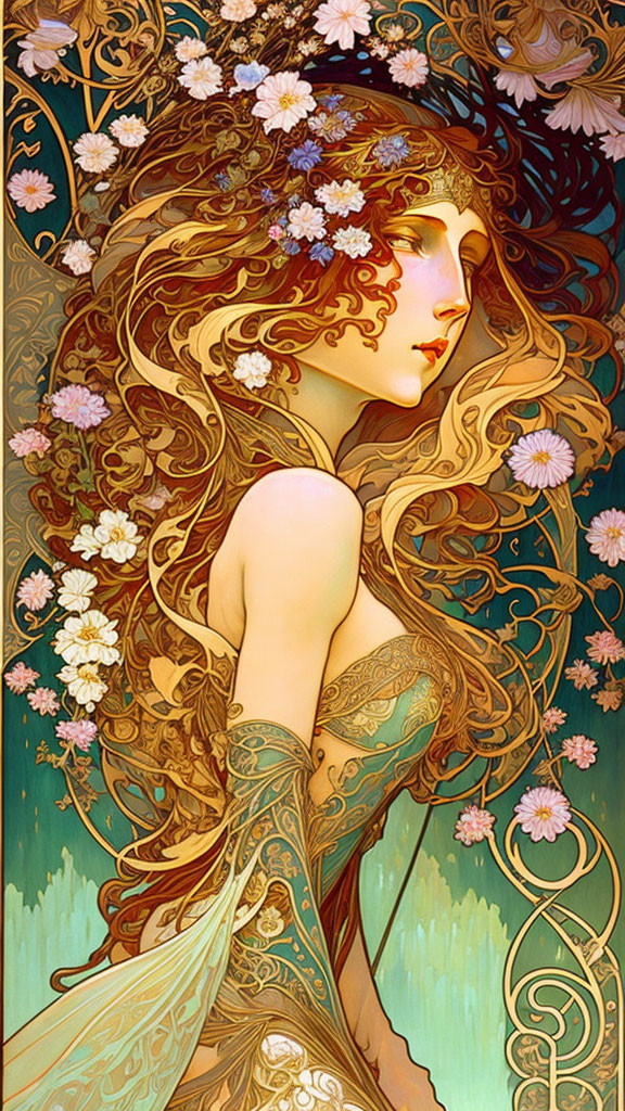 Art Nouveau Woman with Flowing Hair and Floral Patterns