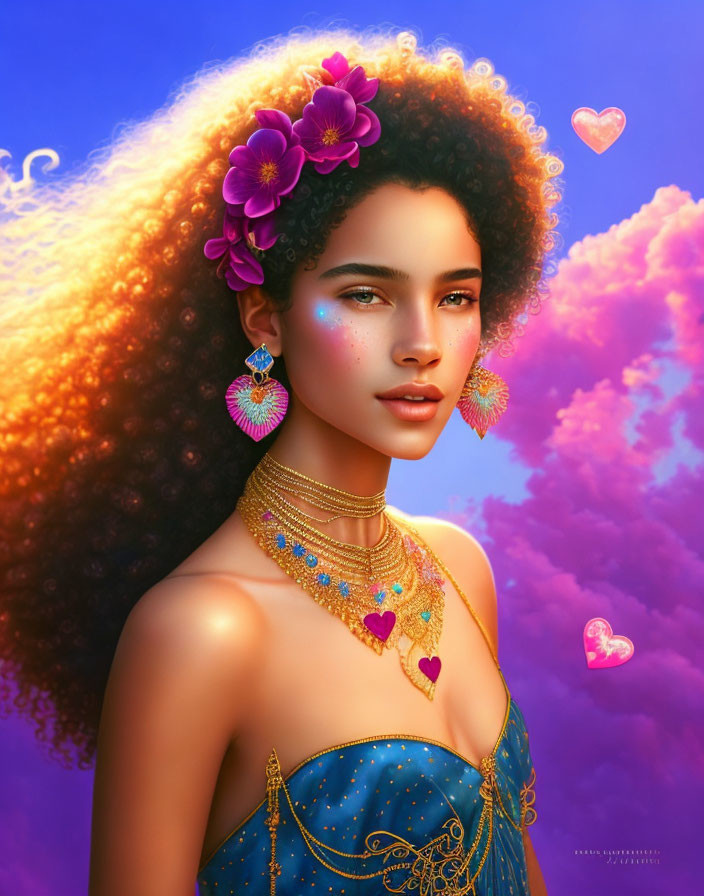 Digital painting of woman with curly hair, purple flowers, gold jewelry, blue dress, under pink sky