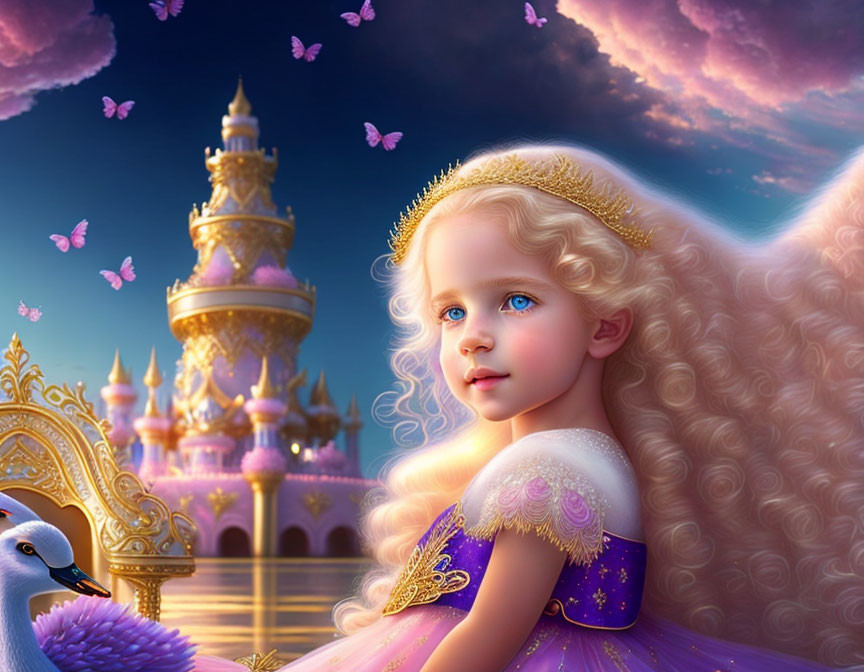 Digital artwork: Young girl with blonde hair and blue eyes in purple dress near swan, fairy tale