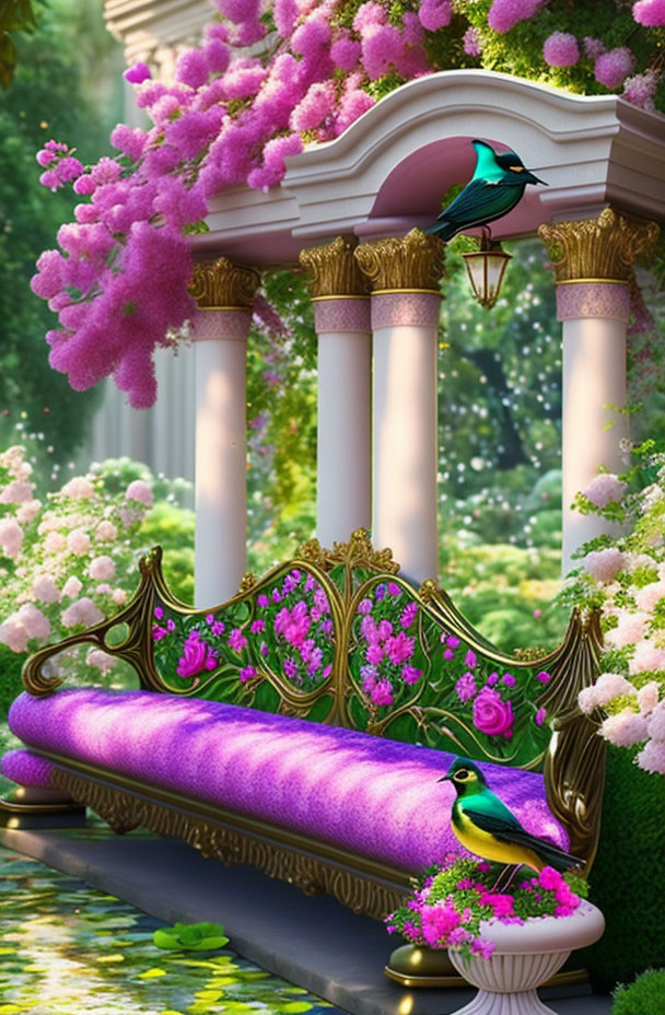 Ornate Garden Bench with Pink Flowers, Purple Cushions, White Columns, and Birds in L