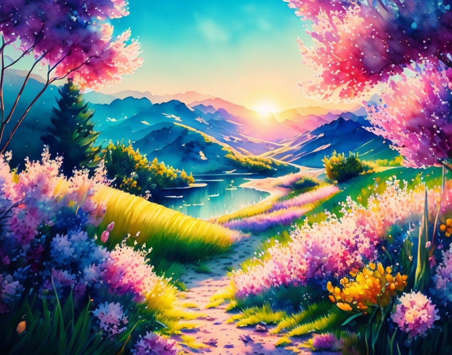 Colorful digital painting: Sunset over mountains, flowers, and lake