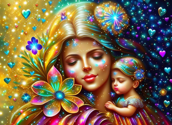 Vibrant cosmic and floral illustration of woman and child