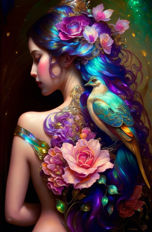 Illustrated woman with blue bird, flowers, and dark background