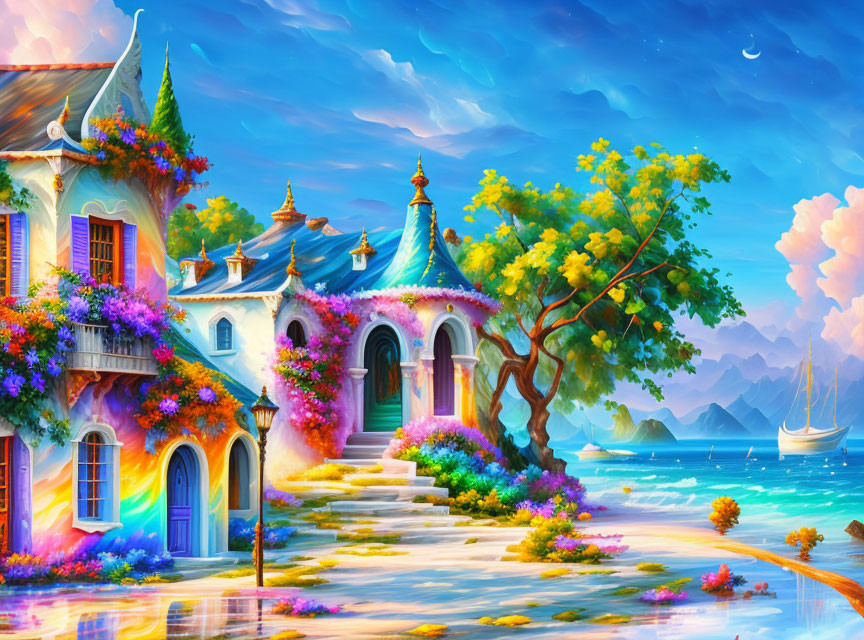 Colorful Fantasy Seaside Villa Painting with Moon and Sailboat