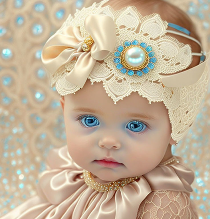 Blue-eyed baby in beige lace headband and outfit on patterned backdrop