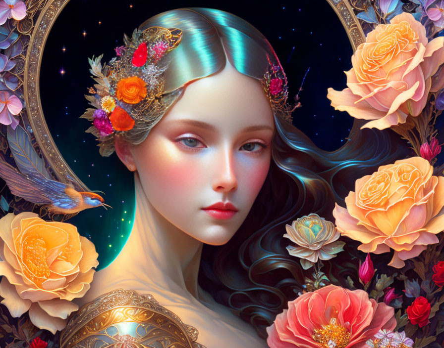 Digital artwork: Woman with floral crown, roses, glowing orb, celestial motifs