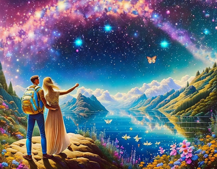 Couple on Cliff with Serene Lake, Floral Foreground, Mountains, Starry Sky