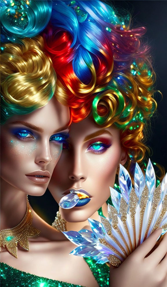 Stylized women with rainbow hair and iridescent fan