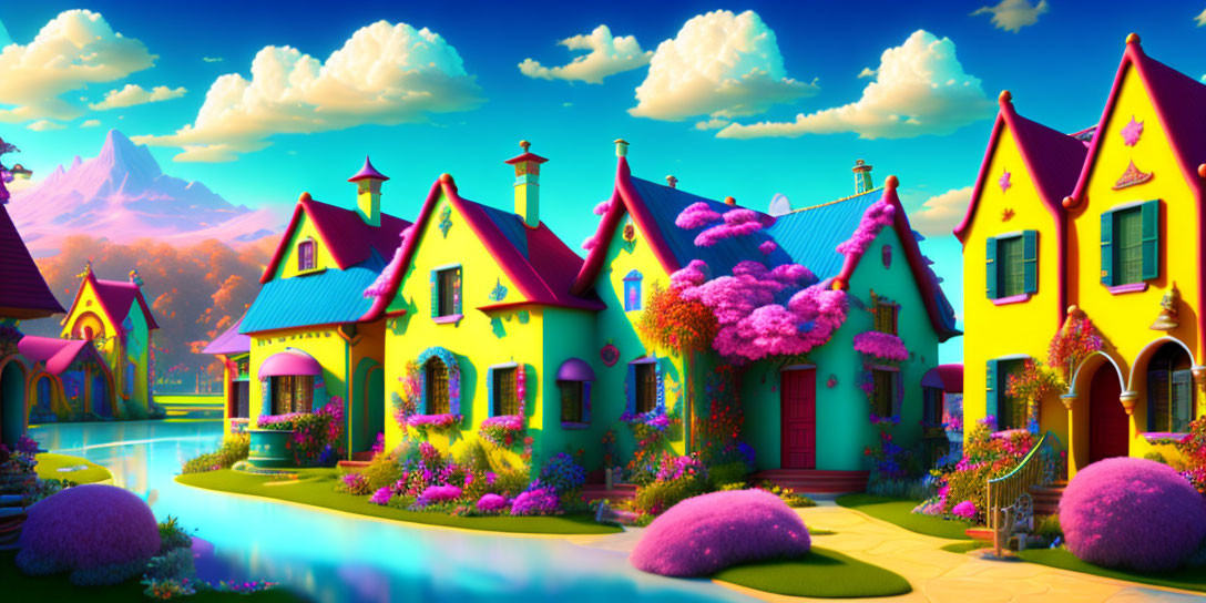 Vibrant Whimsical Village with Colorful Houses and Serene River