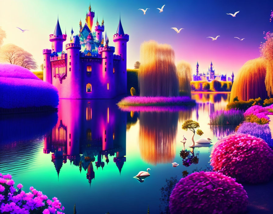Whimsical purple castle by a lake with colorful flora and birds