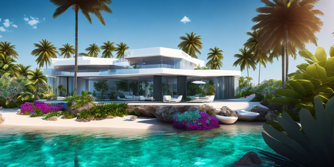 Luxurious Beachfront Villa with Large Windows & Palm Trees