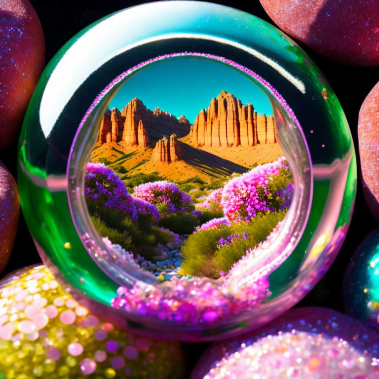 Surreal crystal ball reflects desert landscape with colorful orbs
