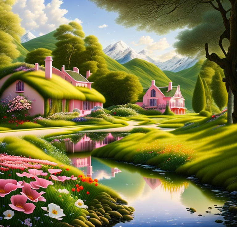 Vibrant flower fantasy landscape with pink houses and snow-capped mountains
