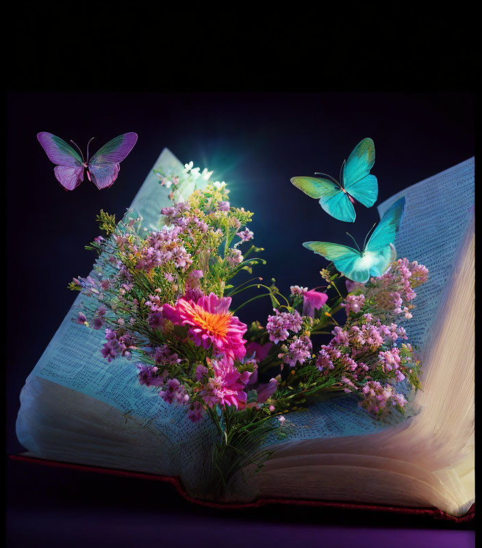 Colorful Flowers and Butterflies on Open Book Against Dark Background