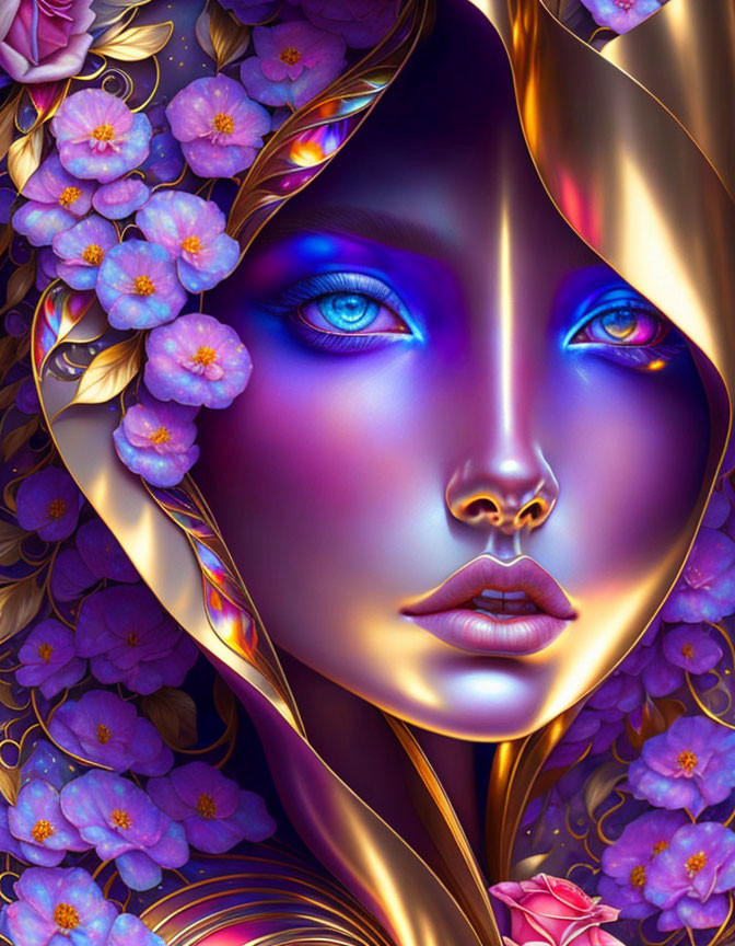 Digital Art: Woman with Blue Eyes, Purple Skin, Gold Accents, Purple Flowers