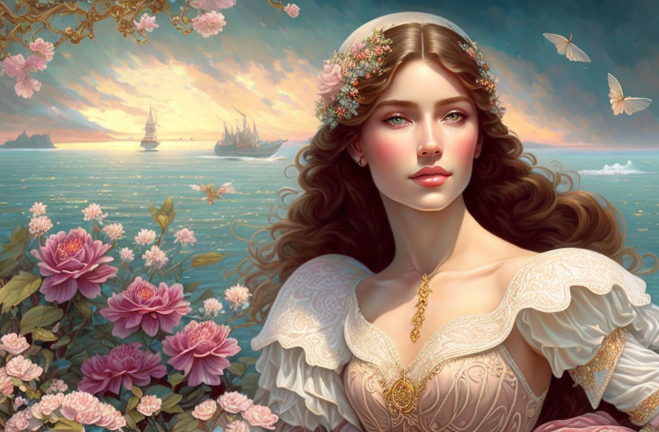 Woman in floral headband surrounded by roses and butterflies with sailboats and sunset sky.