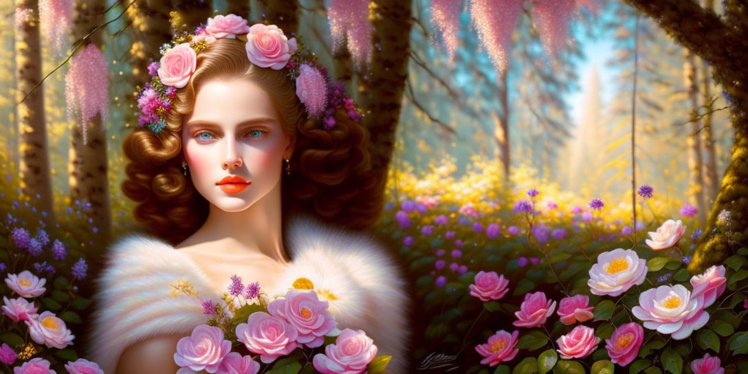 Digital artwork: Woman with flowers in hair in lush forest.