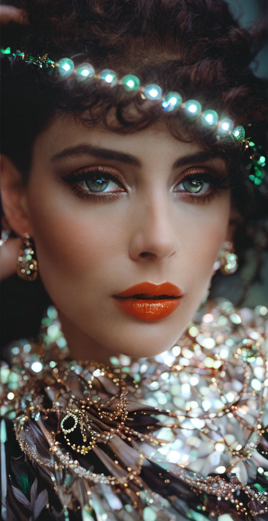 Striking green-eyed woman in reflective jewelry and sequins, with bokeh lights.