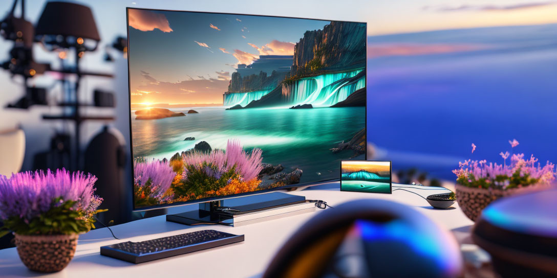 Spacious desktop setup with large coastal sunset wallpaper