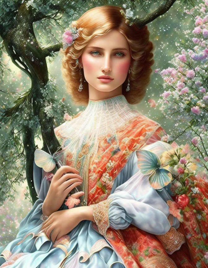 Blonde woman in vintage blue dress surrounded by greenery and pink blossoms