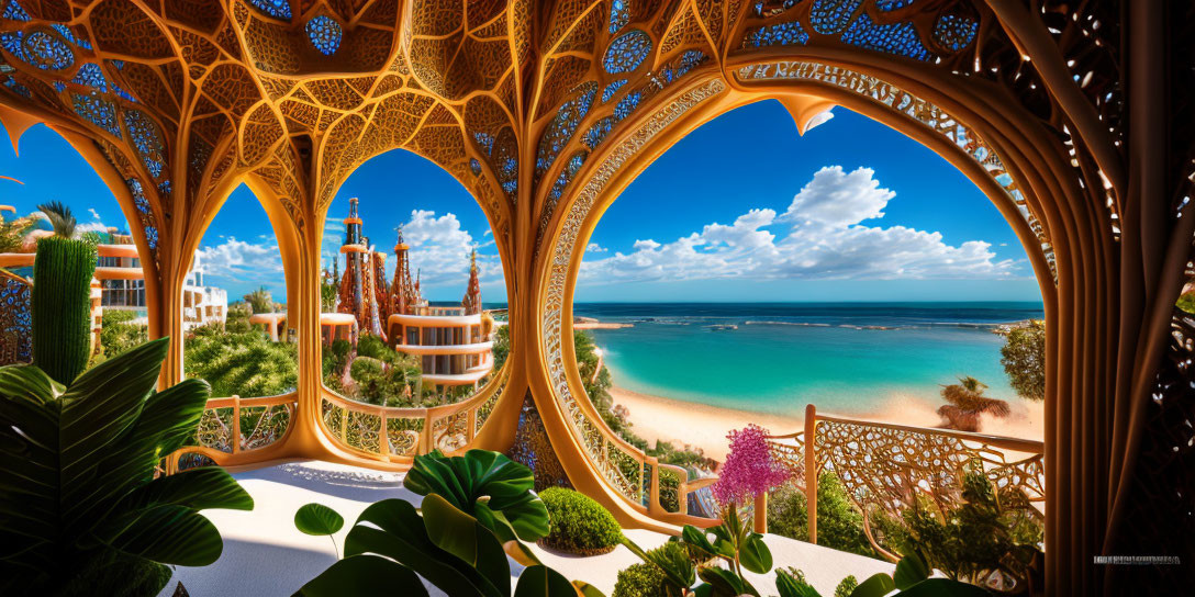 Ornate arched windows framing serene beach scene