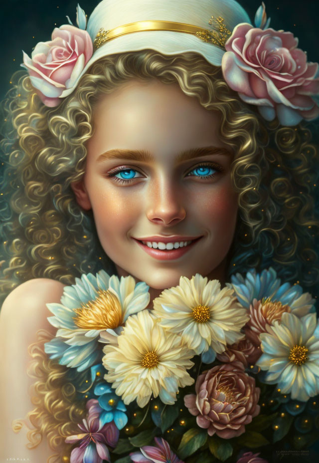 Portrait of smiling person with blue eyes, curly hair, halo headband, and floral background.