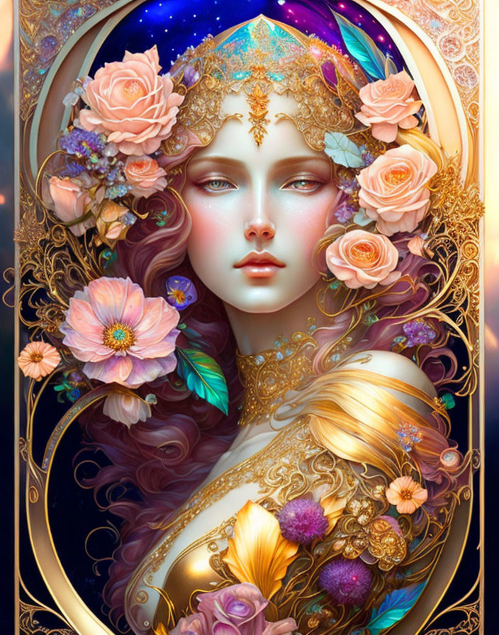 Illustration of woman with gold floral headpiece and cosmic hair surrounded by roses