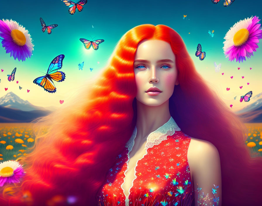 Colorful digital artwork featuring woman with red hair, butterflies, flowers, and surreal landscape