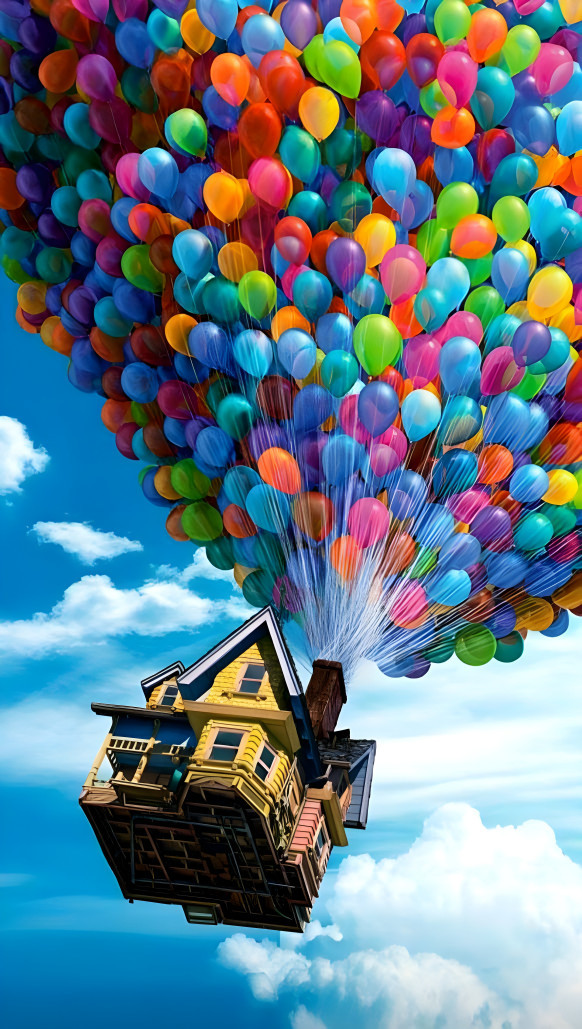House flying with balloons