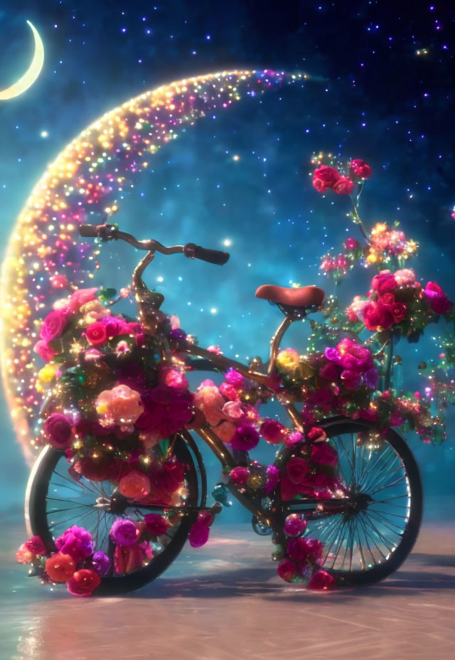 Bicycle decorated with flowers under night sky and crescent moon
