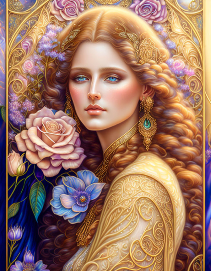 Illustration of Woman with Golden Hair and Gold Jewelry in Purple Floral Setting