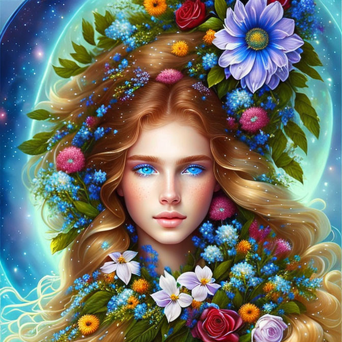 Digital Artwork: Woman with Floral Hair and Cosmic Background