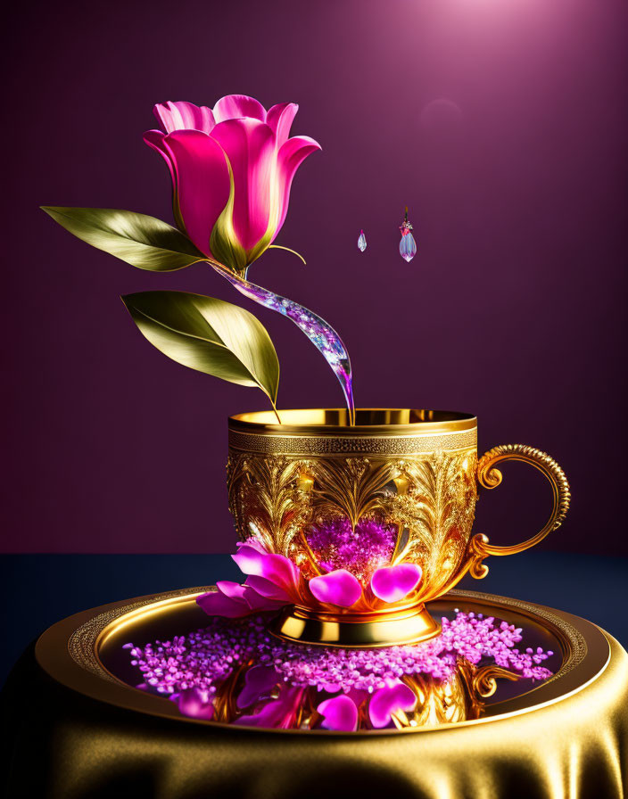 Golden ornate cup with pink tulip and liquid pour on saucer against purple backdrop