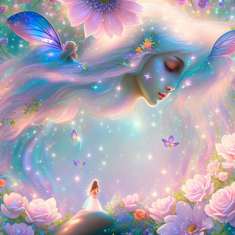 Fantastical image: Woman with flowing hair in magical realm