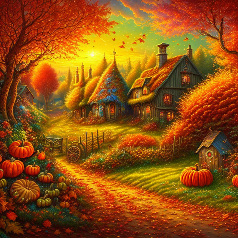 Colorful Autumn Landscape with Cottage, Path, Pumpkins, and Sunset Sky