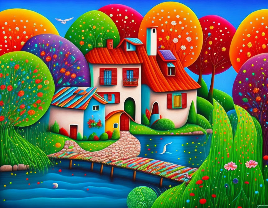 Colorful Cottage in Whimsical Landscape with River and Footbridge