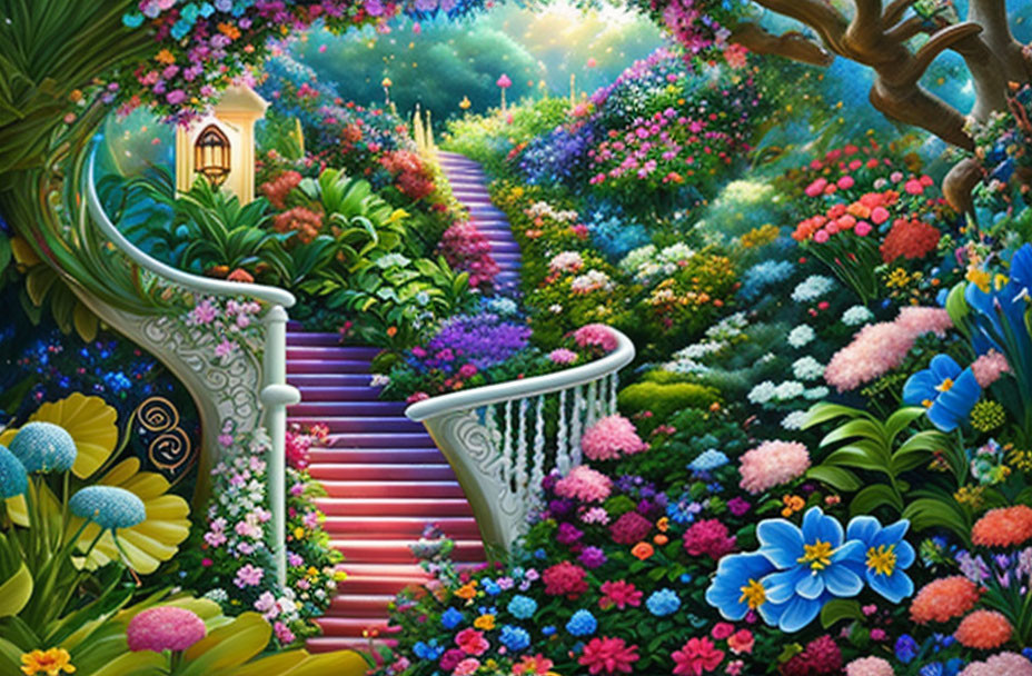 Colorful Floral Staircase in Vibrant Fantasy Garden