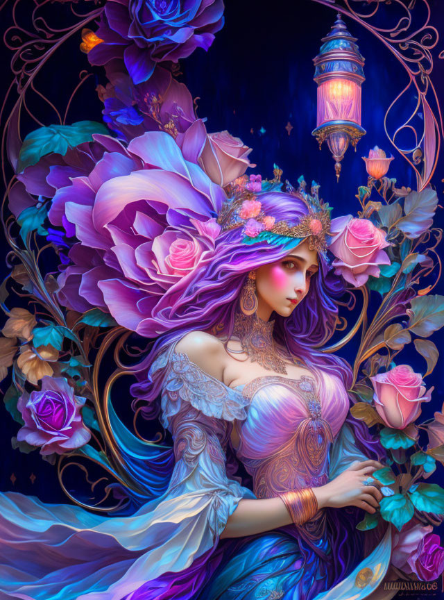 Fantasy woman with floral headpiece and purple roses under starry sky
