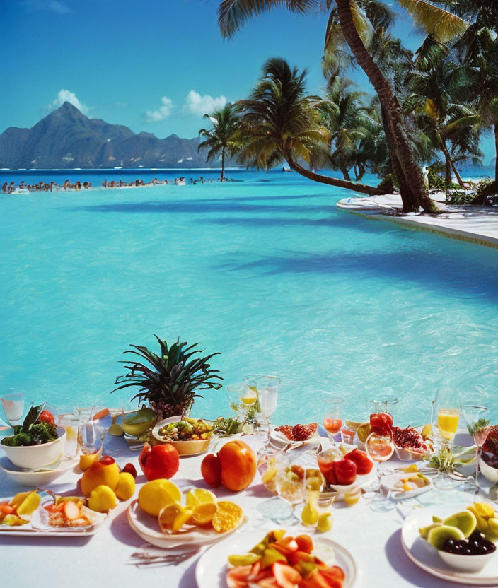 Tropical breakfast spread by infinity pool overlooking beach