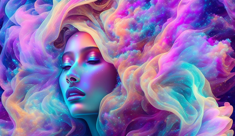 Colorful digital artwork merges woman's face with cosmic elements