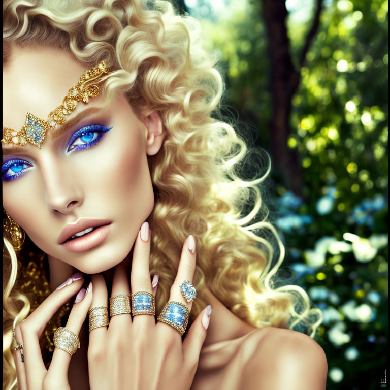 Portrait of Woman with Blue Eyes, Blond Hair, and Ornate Jewelry in Forest