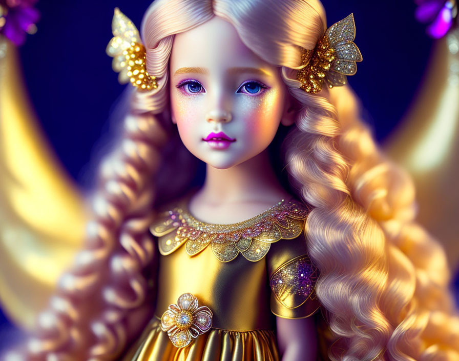 Blonde-haired doll with blue eyes and golden butterfly accessories in shimmering gold dress
