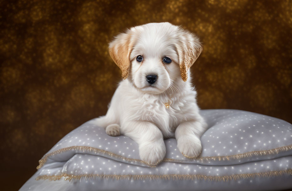 Fluffy White Puppy on Luxurious Cushion with Blue Eyes