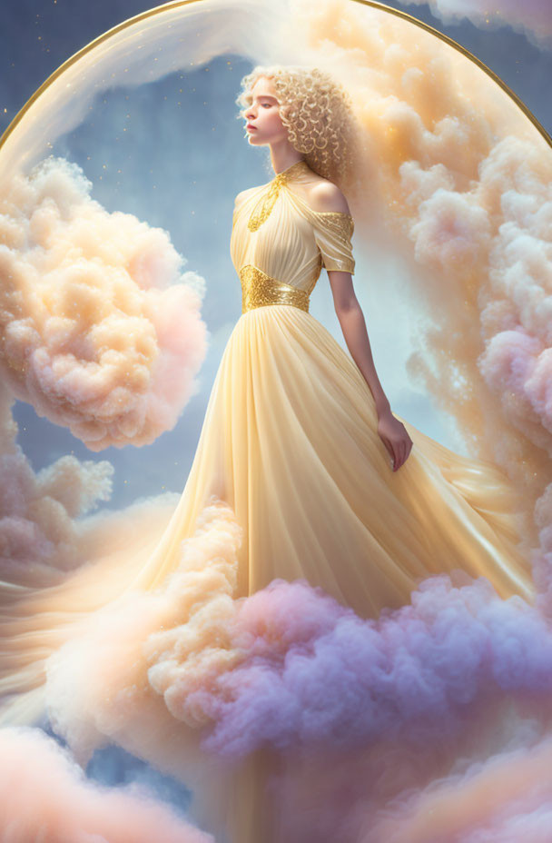 Woman in Gold Dress Surrounded by Dreamlike Sky