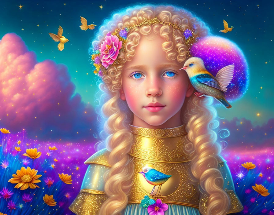 Young girl with golden hair in magical setting surrounded by birds and flowers